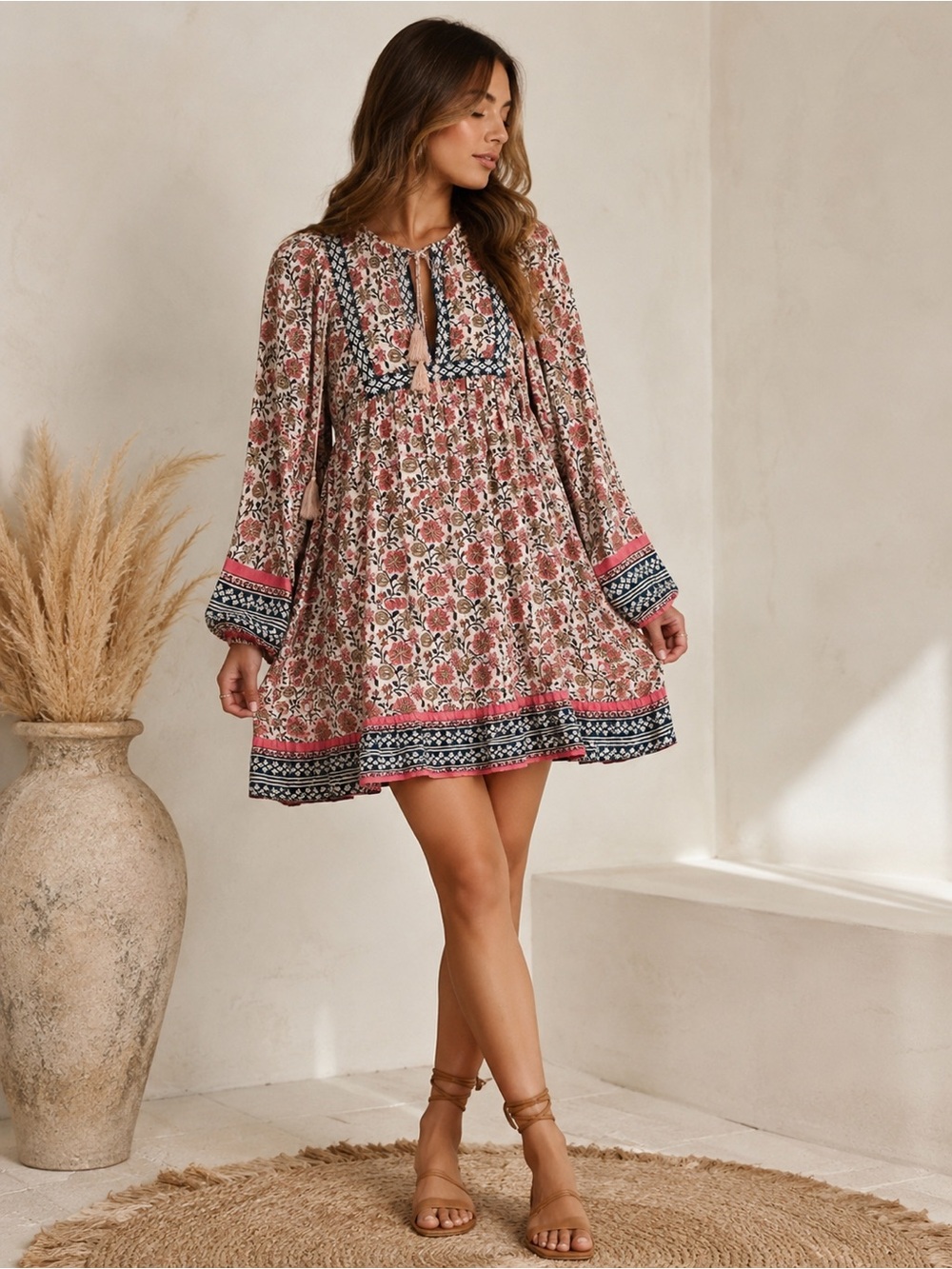 Cleobella XS Floral Boho Mini Dress 100% Cotton Tassel Tie Peasant Sleeve